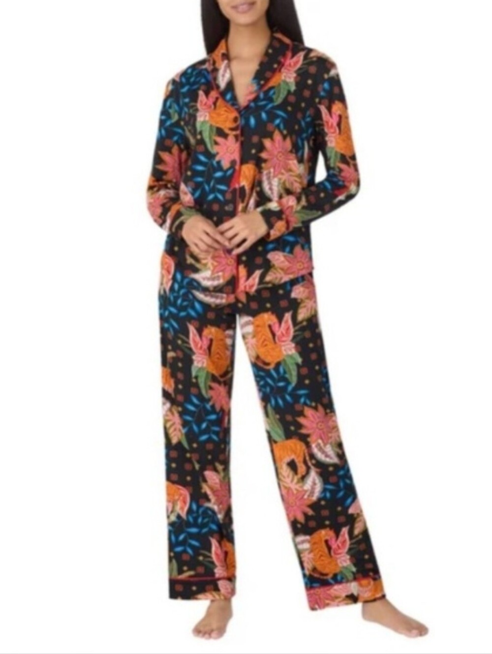 Room Service Black Floral & Tiger Print Pajama Set Long sleeve and Pants Size XL
